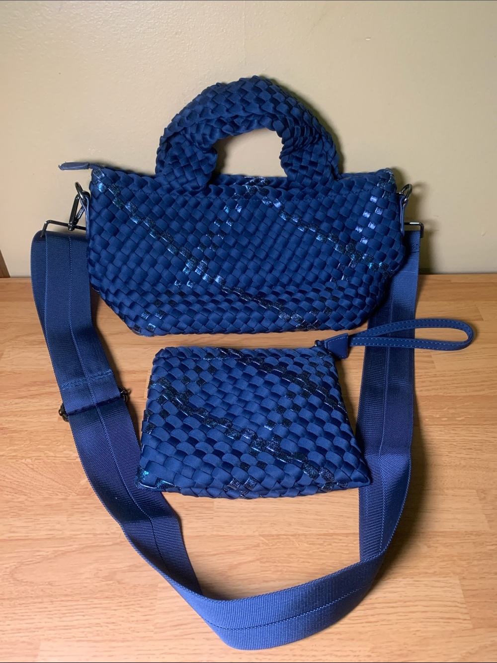 Haute Shore Navy Blue Metallic Woven Clutch or Crossbody Bag with Wristlet
